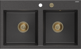 Mexen Hektor zlewozmywak granitowy 2-komorowy 800 x 480 mm, czarny nakrapiany, syfon złoty - 6521802000-76-G