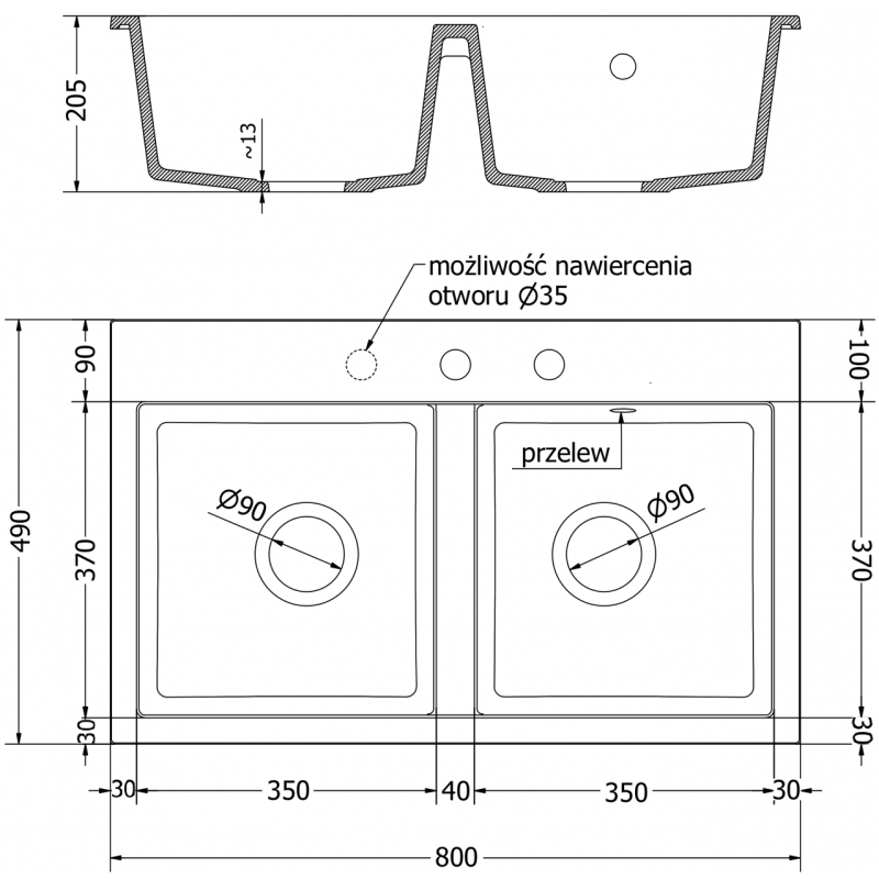 Mexen Hektor zlewozmywak granitowy 2-komorowy 800 x 480 mm, czarny, syfon złoty - 6521802000-77-G
