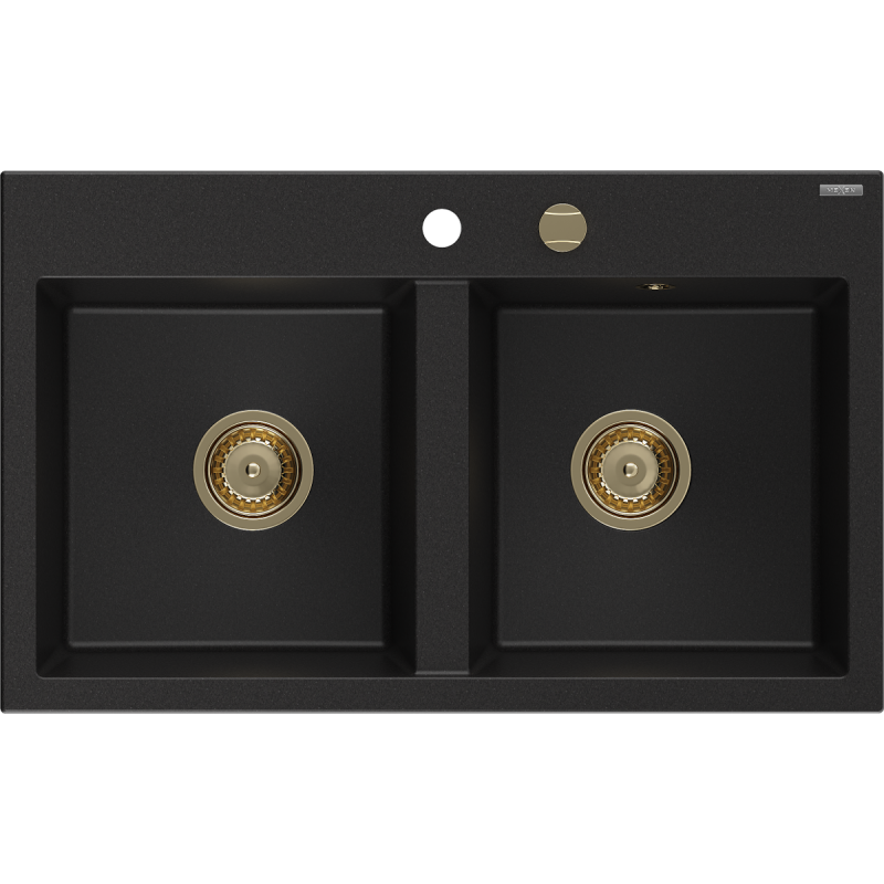 Mexen Hektor zlewozmywak granitowy 2-komorowy 800 x 480 mm, czarny, syfon złoty - 6521802000-77-G