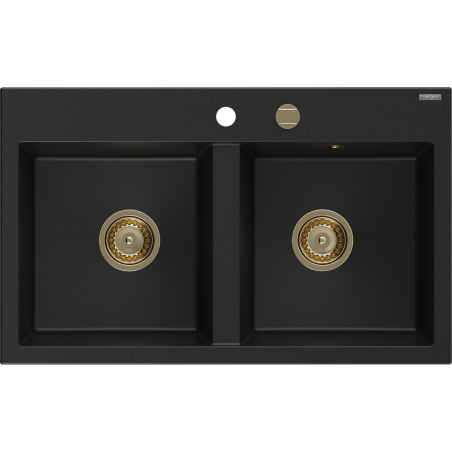 Mexen Hektor zlewozmywak granitowy 2-komorowy 800 x 480 mm, czarny, syfon złoty - 6521802000-77-G