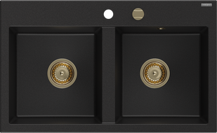 Mexen Hektor zlewozmywak granitowy 2-komorowy 800 x 480 mm, czarny, syfon złoty - 6521802000-77-G