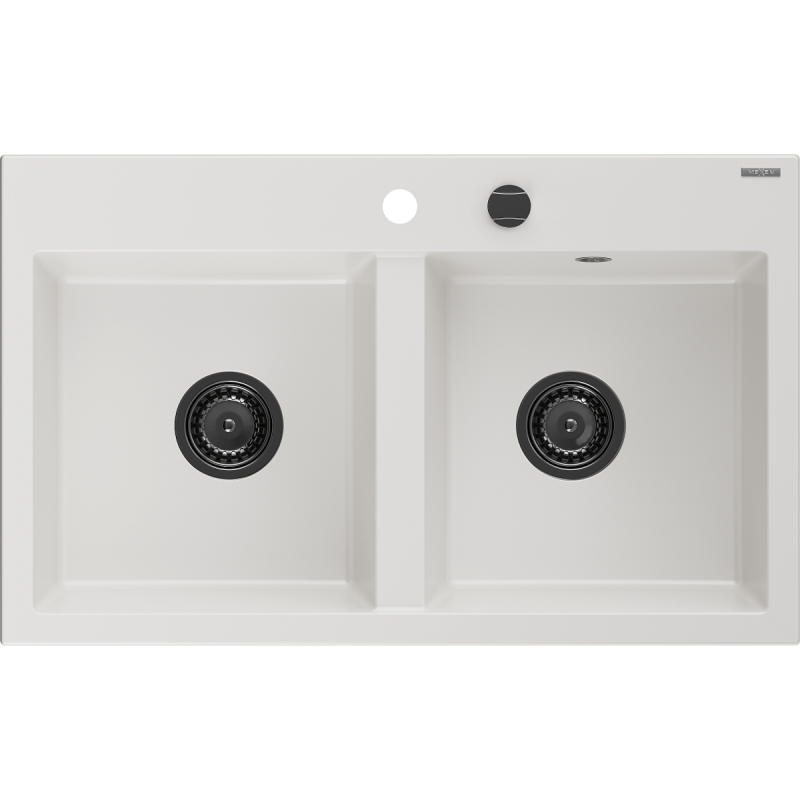 Mexen Hektor zlewozmywak granitowy 2-komorowy 800 x 480 mm, biały, syfon czarny - 6521802000-20-B