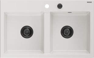 Mexen Hektor zlewozmywak granitowy 2-komorowy 800 x 480 mm, biały, syfon czarny - 6521802000-20-B