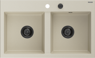 Mexen Hektor zlewozmywak granitowy 2-komorowy 800 x 480 mm, beżowy, syfon czarny - 6521802000-69-B