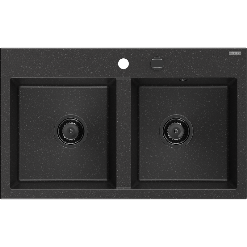 Mexen Hektor zlewozmywak granitowy 2-komorowy 800 x 480 mm, czarny/srebrny metalik, syfon czarny - 6521802000-73-B
