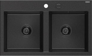 Mexen Hektor zlewozmywak granitowy 2-komorowy 800 x 480 mm, czarny/srebrny metalik, syfon czarny - 6521802000-73-B