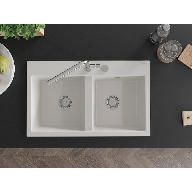 Mexen Hektor zlewozmywak granitowy 2-komorowy 800 x 480 mm, biały, syfon chrom - 6521802000-20