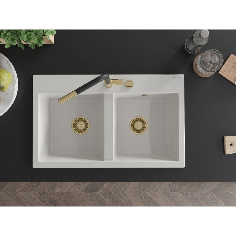 Mexen Hektor zlewozmywak granitowy 2-komorowy 800 x 480 mm, biały, syfon złoty - 6521802000-20-G