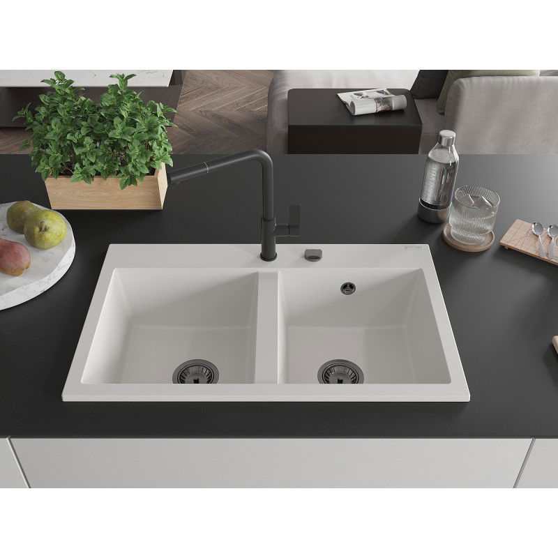 Mexen Hektor zlewozmywak granitowy 2-komorowy 800 x 480 mm, biały, syfon czarny - 6521802000-20-B