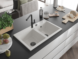 Mexen Hektor zlewozmywak granitowy 2-komorowy 800 x 480 mm, biały, syfon czarny - 6521802000-20-B