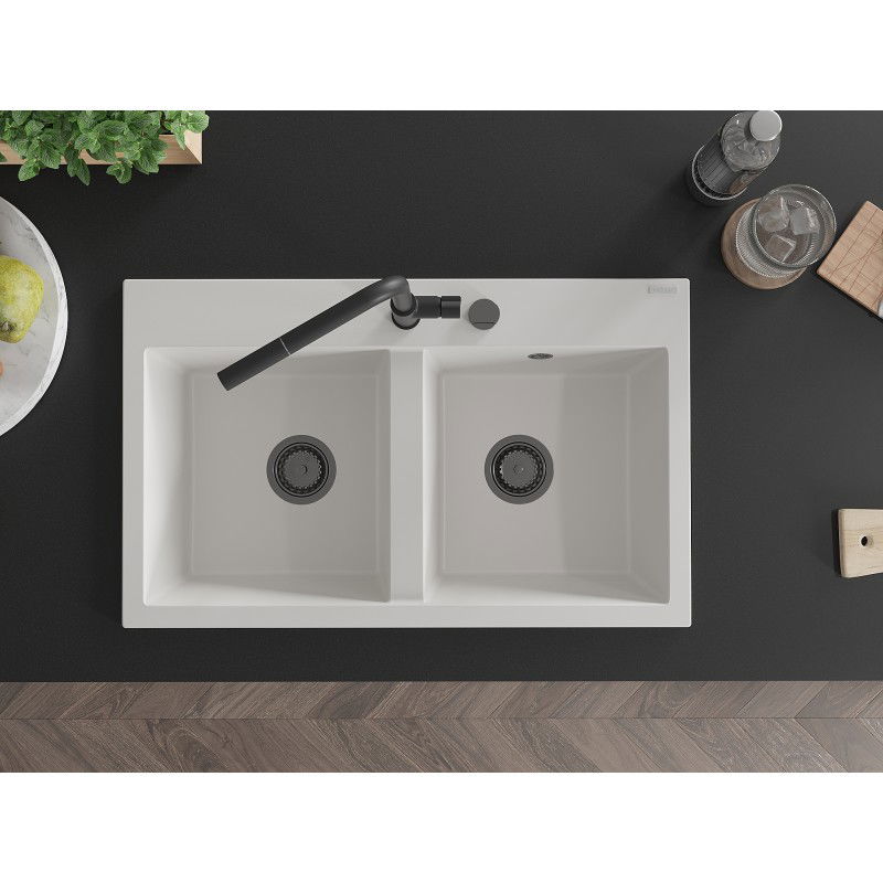 Mexen Hektor zlewozmywak granitowy 2-komorowy 800 x 480 mm, biały, syfon czarny - 6521802000-20-B