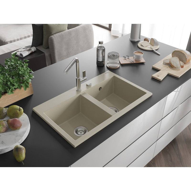 Mexen Hektor zlewozmywak granitowy 2-komorowy 800 x 480 mm, beżowy, syfon chrom - 6521802000-69