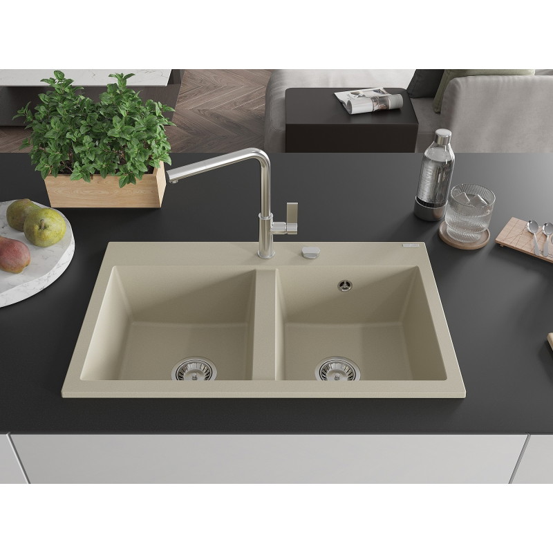 Mexen Hektor zlewozmywak granitowy 2-komorowy 800 x 480 mm, beżowy, syfon chrom - 6521802000-69