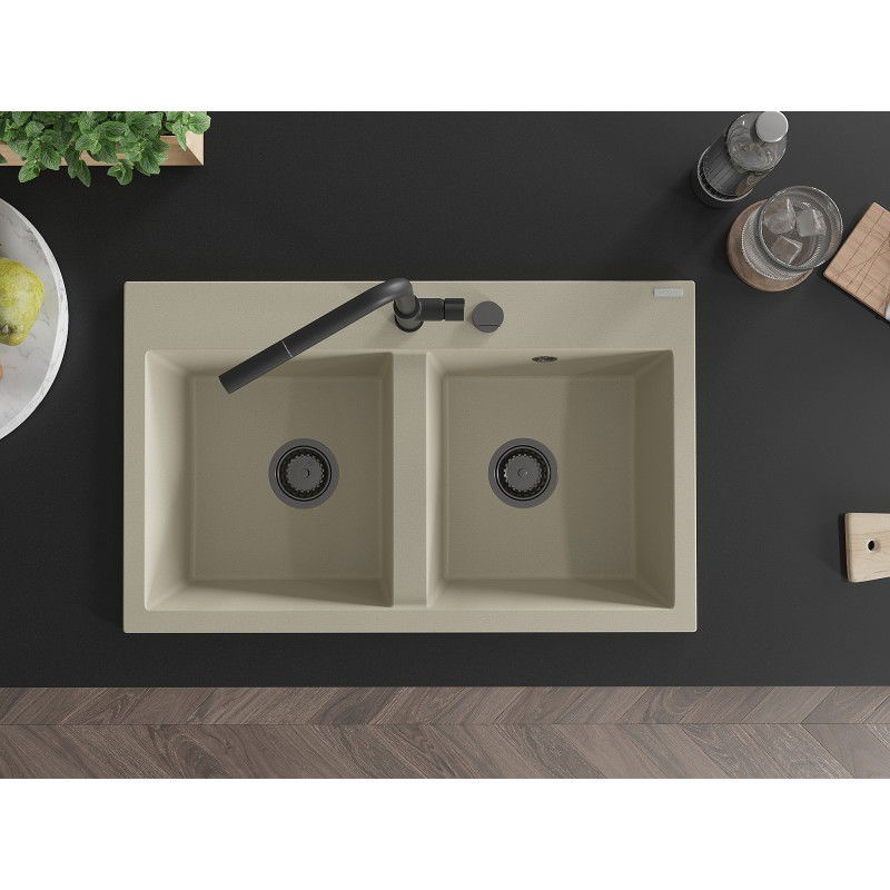 Mexen Hektor zlewozmywak granitowy 2-komorowy 800 x 480 mm, beżowy, syfon czarny - 6521802000-69-B