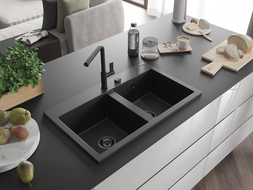 Mexen Hektor zlewozmywak granitowy 2-komorowy 800 x 480 mm, czarny/srebrny metalik, syfon czarny - 6521802000-73-B