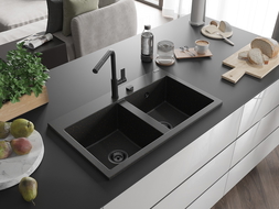 Mexen Hektor zlewozmywak granitowy 2-komorowy 800 x 480 mm, czarny/złoty metalik, syfon czarny - 6521802000-75-B