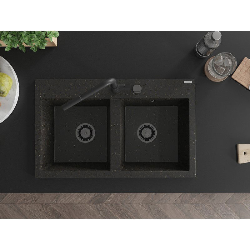 Mexen Hektor zlewozmywak granitowy 2-komorowy 800 x 480 mm, czarny/złoty metalik, syfon czarny - 6521802000-75-B