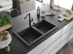 Mexen Hektor zlewozmywak granitowy 2-komorowy 800 x 480 mm, czarny nakrapiany, syfon czarny - 6521802000-76-B