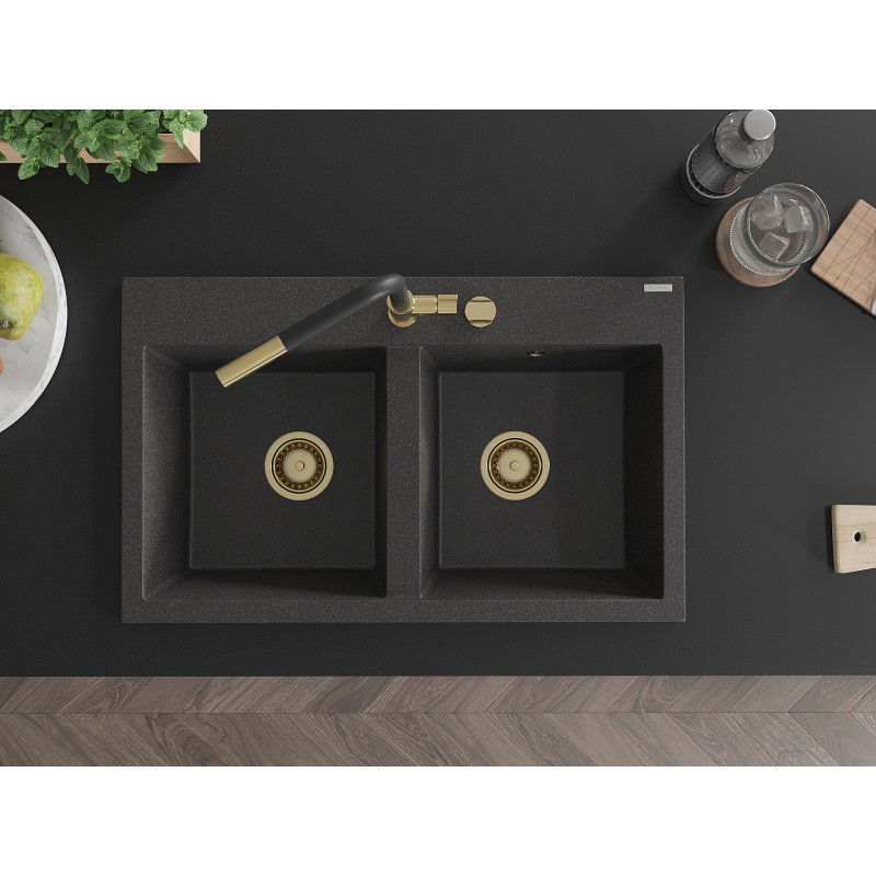 Mexen Hektor zlewozmywak granitowy 2-komorowy 800 x 480 mm, czarny nakrapiany, syfon złoty - 6521802000-76-G