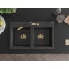Mexen Hektor zlewozmywak granitowy 2-komorowy 800 x 480 mm, czarny nakrapiany, syfon złoty - 6521802000-76-G