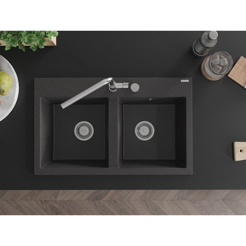 Mexen Hektor zlewozmywak granitowy 2-komorowy 800 x 480 mm, czarny nakrapiany, syfon chrom - 6521802000-76
