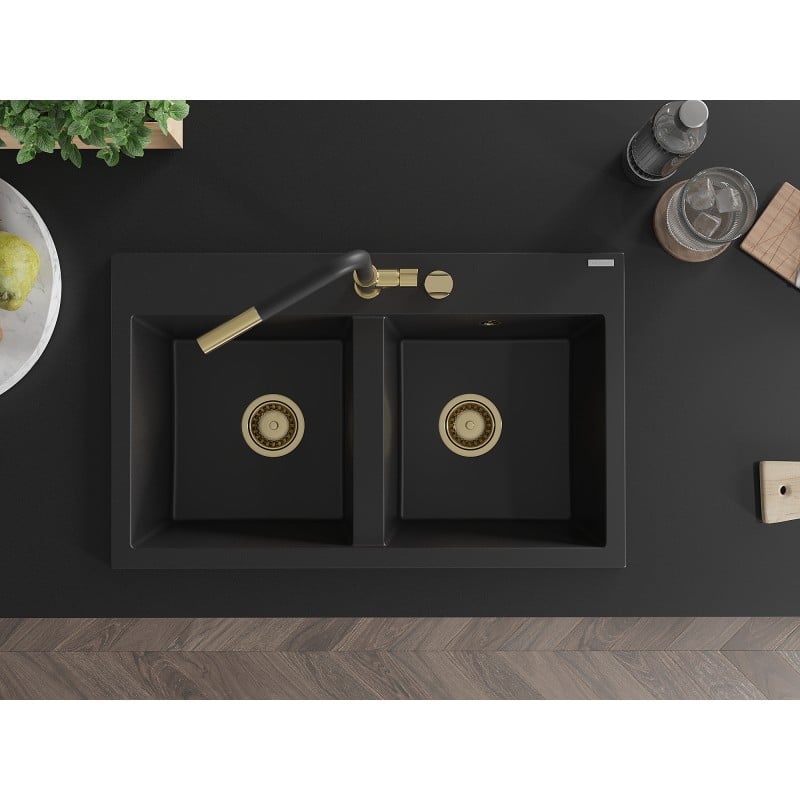 Mexen Hektor zlewozmywak granitowy 2-komorowy 800 x 480 mm, czarny, syfon złoty - 6521802000-77-G