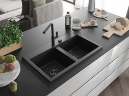 Mexen Hektor zlewozmywak granitowy 2-komorowy 800 x 480 mm, czarny, syfon czarny - 6521802000-77-B