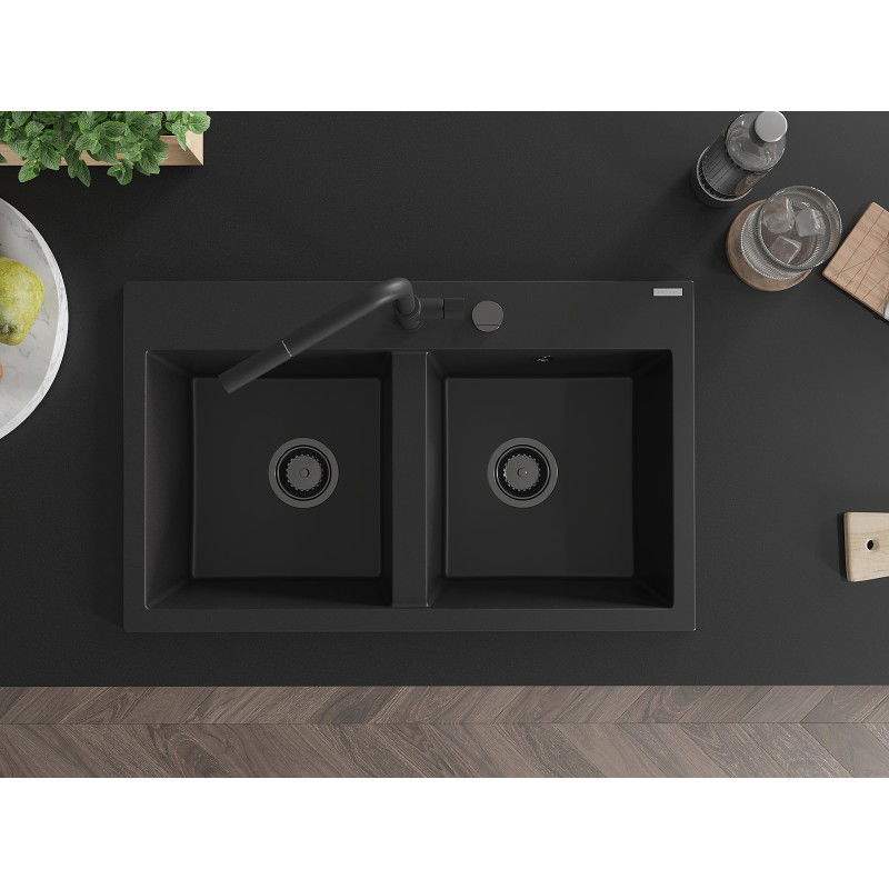 Mexen Hektor zlewozmywak granitowy 2-komorowy 800 x 480 mm, czarny, syfon czarny - 6521802000-77-B