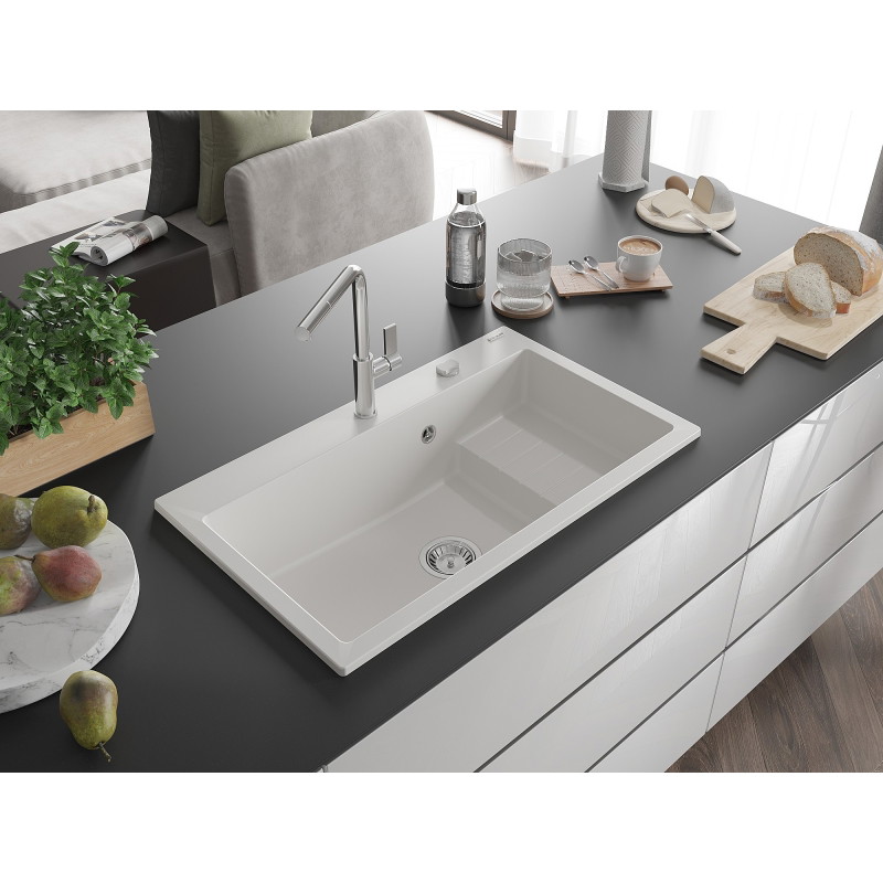 Mexen Omar zlewozmywak granitowy 1-komorowy 800 x 480 mm, biały, syfon chrom - 6520801005-20