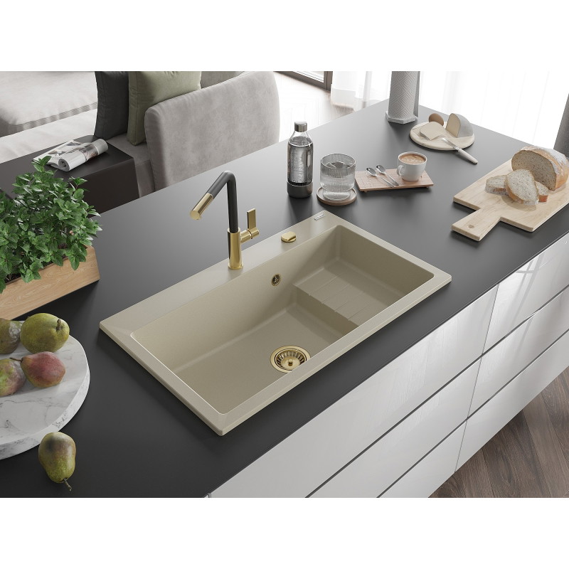 Mexen Omar zlewozmywak granitowy 1-komorowy 800 x 480 mm, beżowy, syfon złoty - 6520801005-69-G