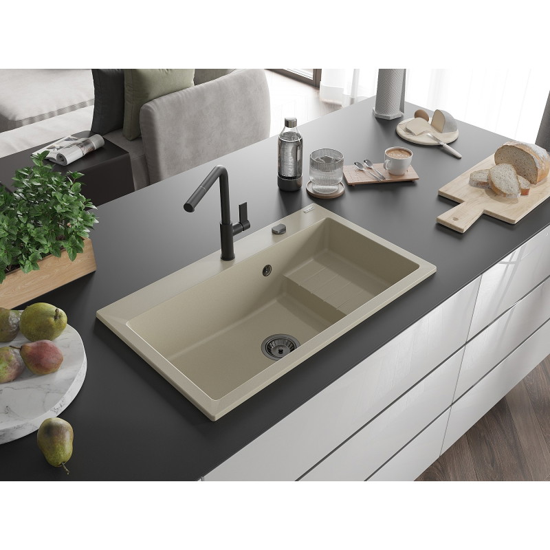 Mexen Omar zlewozmywak granitowy 1-komorowy 800 x 480 mm, beżowy, syfon czarny - 6520801005-69-B