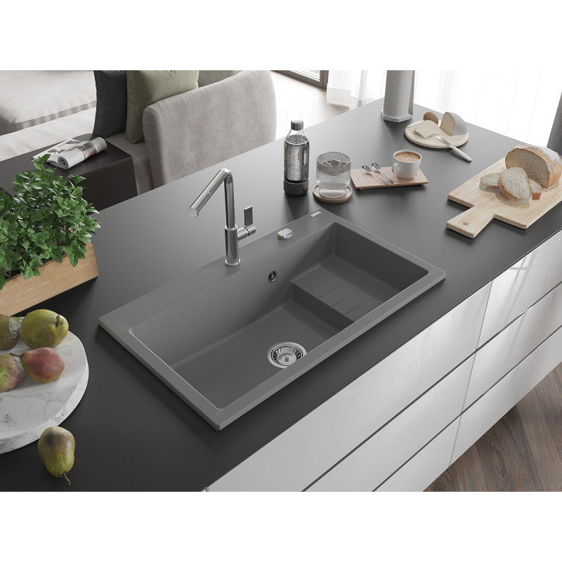 Mexen Omar zlewozmywak granitowy 1-komorowy 800 x 480 mm, szary, syfon chrom - 6520801005-71