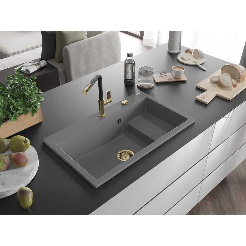 Mexen Omar zlewozmywak granitowy 1-komorowy 800 x 480 mm, szary, syfon złoty - 6520801005-71-G