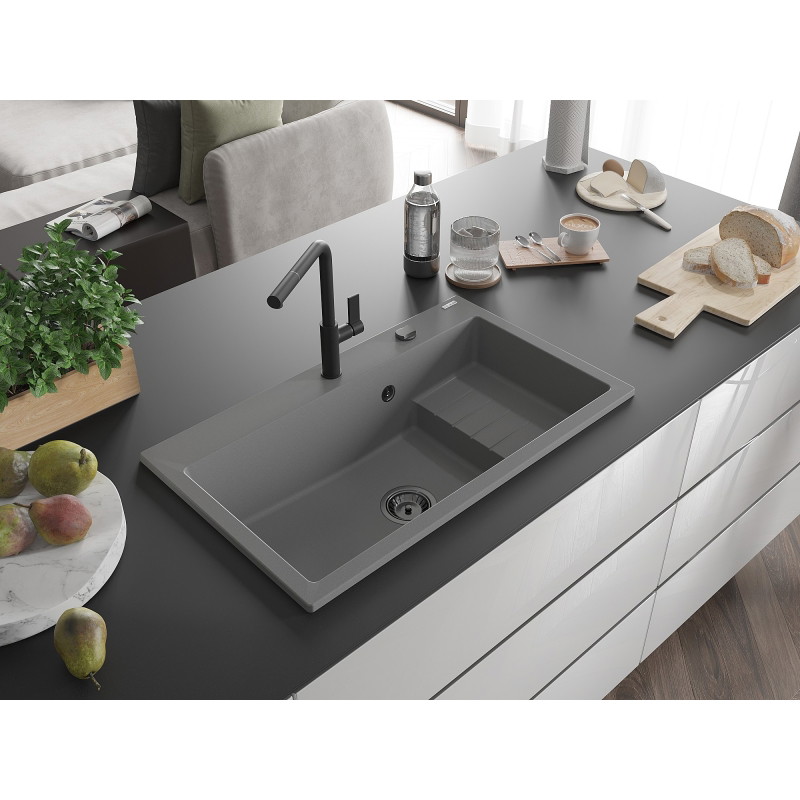 Mexen Omar zlewozmywak granitowy 1-komorowy 800 x 480 mm, szary, syfon czarny - 6520801005-71-B