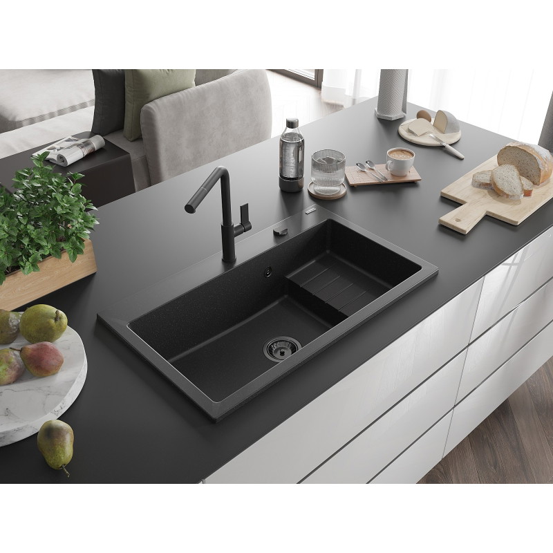 Mexen Omar zlewozmywak granitowy 1-komorowy 800 x 480 mm, czarny/srebrny metalik, syfon czarny - 6520801005-73-B