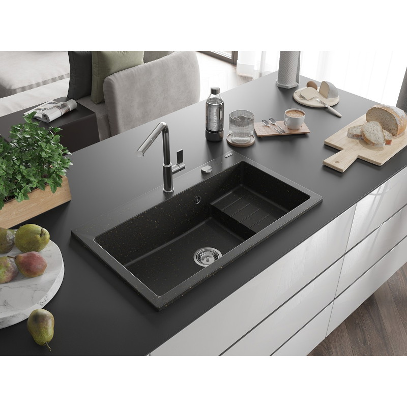 Mexen Omar zlewozmywak granitowy 1-komorowy 800 x 480 mm, czarny/złoty metalik, syfon chrom - 6520801005-75
