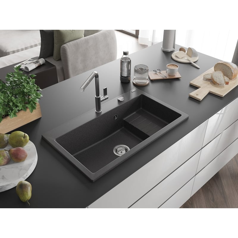 Mexen Omar zlewozmywak granitowy 1-komorowy 800 x 480 mm, czarny nakrapiany, syfon chrom - 6520801005-76