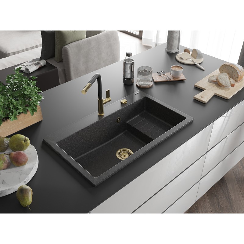 Mexen Omar zlewozmywak granitowy 1-komorowy 800 x 480 mm, czarny nakrapiany, syfon złoty - 6520801005-76-G