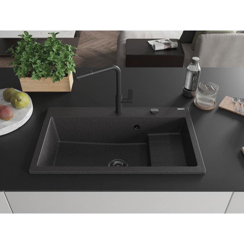 Mexen Omar zlewozmywak granitowy 1-komorowy 800 x 480 mm, czarny nakrapiany, syfon czarny - 6520801005-76-B