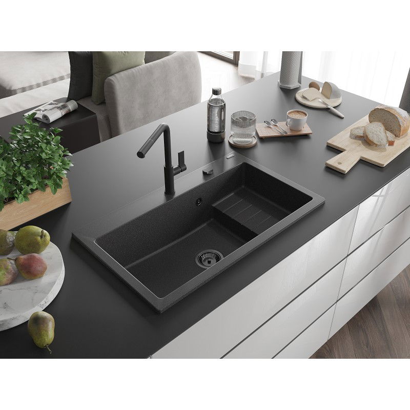 Mexen Omar zlewozmywak granitowy 1-komorowy 800 x 480 mm, czarny nakrapiany, syfon czarny - 6520801005-76-B