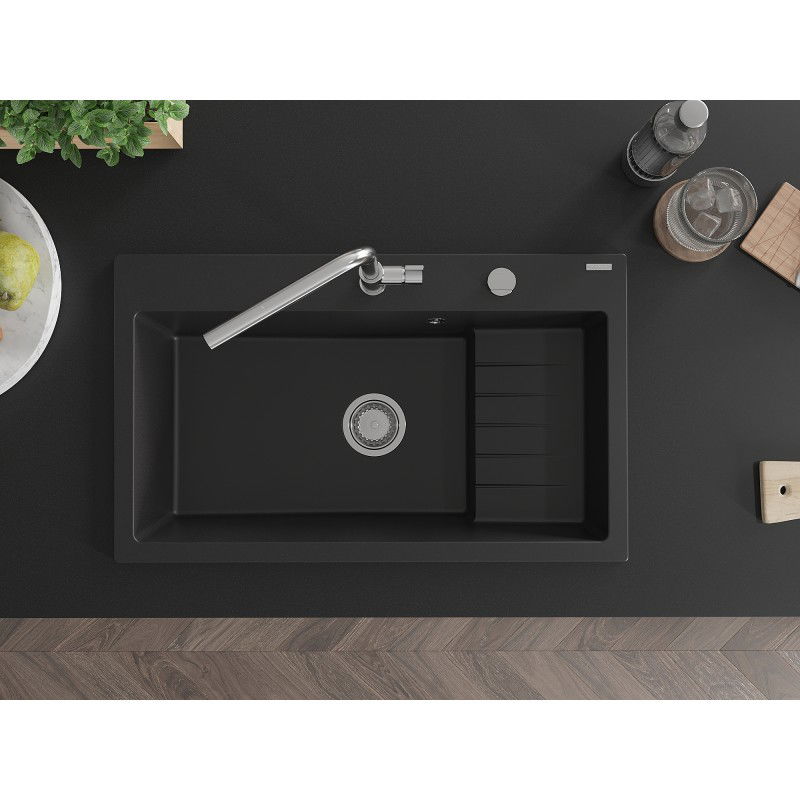 Mexen Omar zlewozmywak granitowy 1-komorowy 800 x 480 mm, czarny, syfon chrom - 6520801005-77