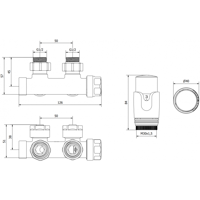 Mexen G00 zestaw termostatyczny kątowy, Duplex, DN50, złoty - W907-900-50