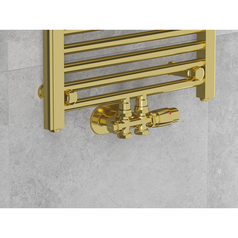 Mexen G00 zestaw termostatyczny kątowy/prosty z maskownicą R, Duplex, DN50, złoty - W908-900-905-50