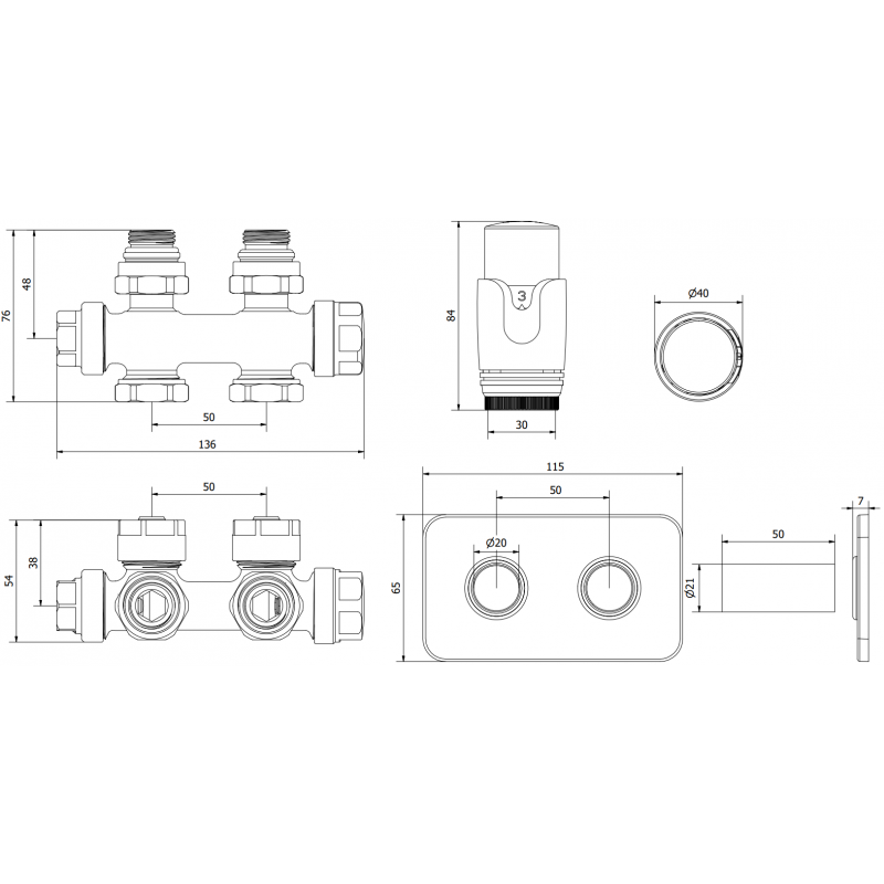 Mexen G00 zestaw termostatyczny kątowy/prosty z maskownicą S, Duplex, DN50, biały - W908-900-910-20