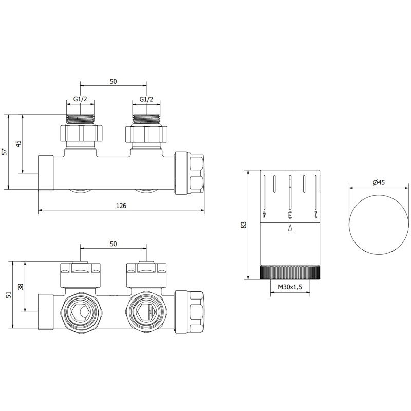 Mexen G05 zestaw termostatyczny kątowy, Duplex, DN50, biały - W907-958-20