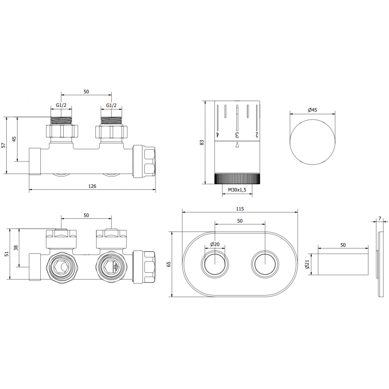 Mexen G05 zestaw termostatyczny kątowy z maskownicą R, Duplex, DN50, biały - W907-958-905-20