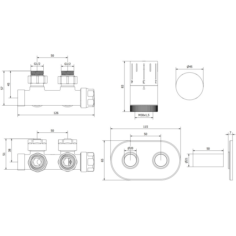 Mexen G05 zestaw termostatyczny kątowy z maskownicą R, Duplex, DN50, złoty - W907-958-905-50