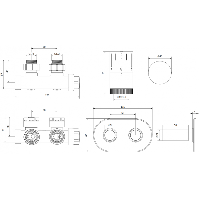Mexen G05 zestaw termostatyczny kątowy z maskownicą R, Duplex, DN50, antracyt - W907-958-905-66