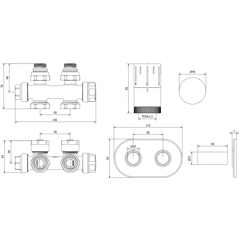 Mexen G05 zestaw termostatyczny kątowy/prosty z maskownicą R, Duplex, DN50, biały - W908-958-905-20