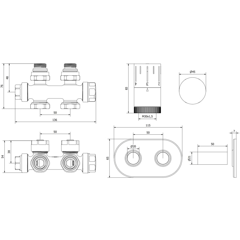 Mexen G05 zestaw termostatyczny kątowy/prosty z maskownicą R, Duplex, DN50, antracyt - W908-958-905-66